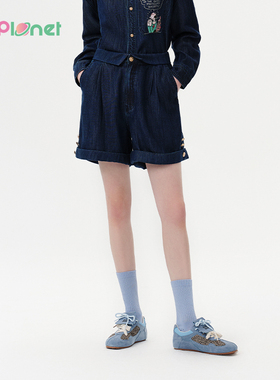innplanet25夏新款大力水手联名深蓝色复古牛仔短裤PO11DE818A