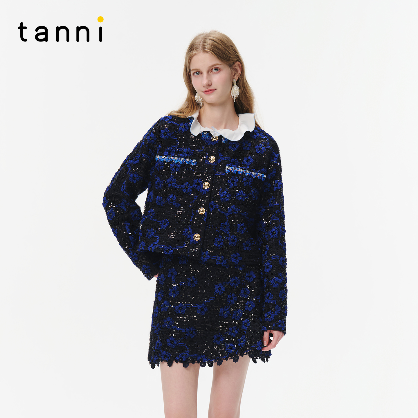 tanni24秋冬新款浪漫轻奢亮片点珠蕾丝拼接小香风套装TO31OW150A