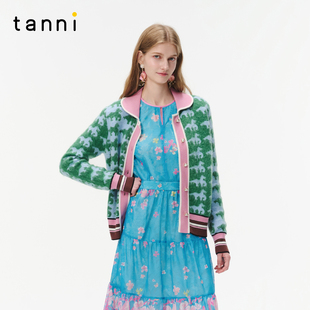 tanni25秋冬新款 TO31KN025A 复古甜美优雅撞色螺纹拼接针织开衫