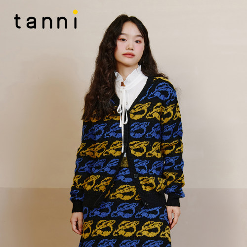 tanni单排扣V领撞色针织开衫