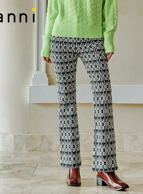 tanni商场同款潮流时尚百搭修身显瘦印花弹力微喇长裤TL31PA035B