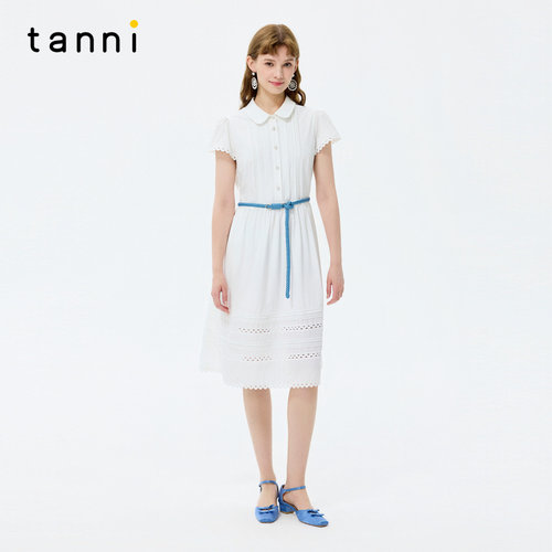 tanni2026夏新款甜美淑女风娃娃领镂空织带拼接白色衬衫连衣裙女