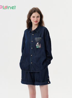 innplanet25夏新款大力水手复古宽松藏蓝色牛仔衬衫PO11SH818A