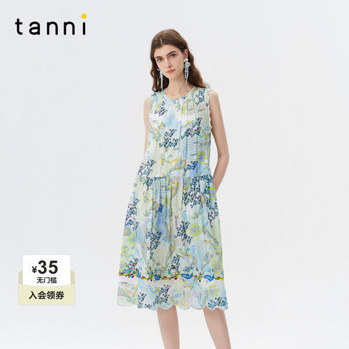 tanni印花度假无袖显瘦连衣裙