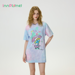 innplanet25夏新款 藍(lán)精靈聯(lián)名扎染印花寬松休閑顯瘦T恤PO11TS843A