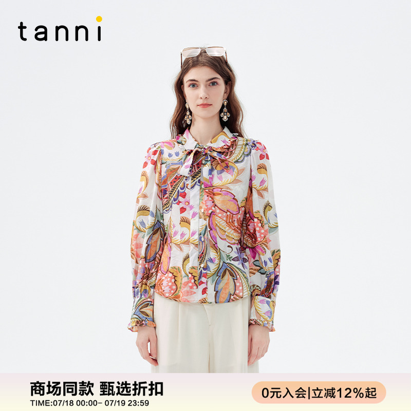 tanni法式印花可爱系带圆领衬衫