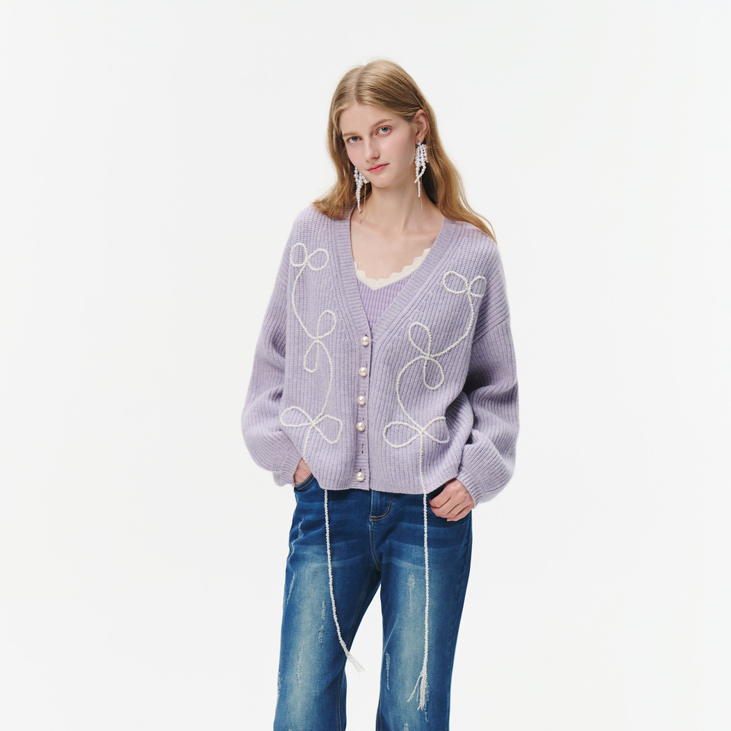 tanni珍珠织带棉羊毛针织开衫