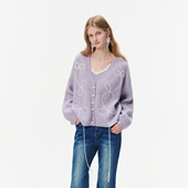 tanni秋冬新款 慵懒淡雅珍珠羊毛双色针织开衫 毛衣外套TO31KN016A