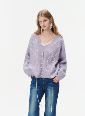 tanni秋冬新款慵懒淡雅珍珠羊毛双色针织开衫毛衣外套TO31KN016A