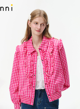 tanni25秋冬新款时尚甜美全棉印花粉格纹短款花边外套TO31OW016A