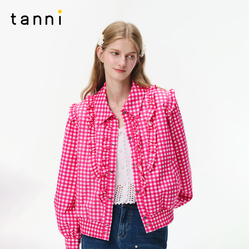 tanni新款时尚甜美全棉印花粉格纹短款花边夹克外套TO31OW016A