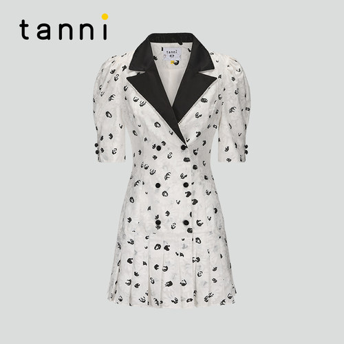 tanni复古经典碎花拼褶连衣裙