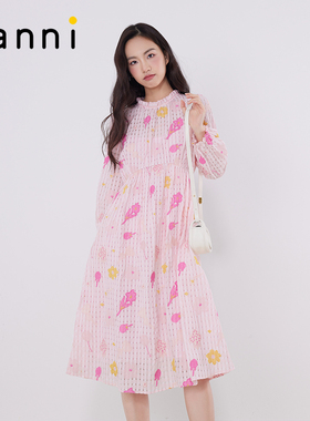 tanni新款复古荷叶边立领网纱绣花垂坠长款连衣裙TM11DR089A