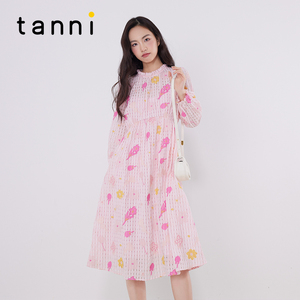 tanni新款复古荷叶边立领网纱绣花垂坠长款连衣裙TM11DR089A