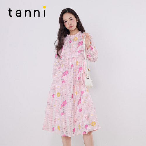 tanni复古荷叶边立领长款连衣裙