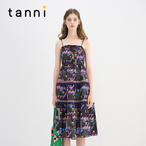 tanni浪漫温柔吊带印花连衣裙