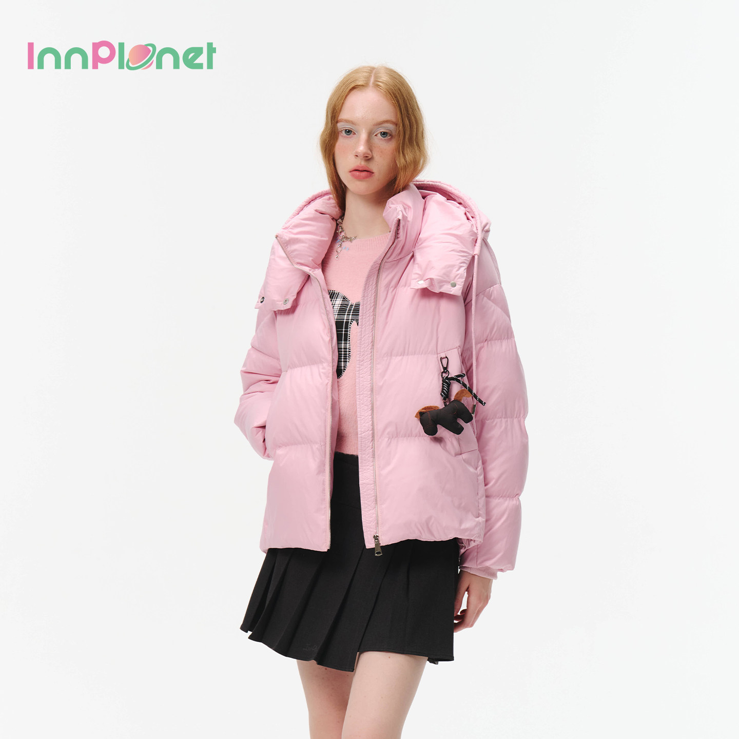 innplanet25秋冬新款甜美少女风浅粉色宽松短款羽绒服PO31DJ042A