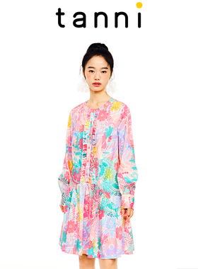 tanni商场同款花卉印花度假休闲小A版廓形连衣裙TL11DR153A