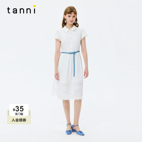 tanni2026新款甜美淑女风娃娃领镂空织带拼接白色衬衫连衣裙女