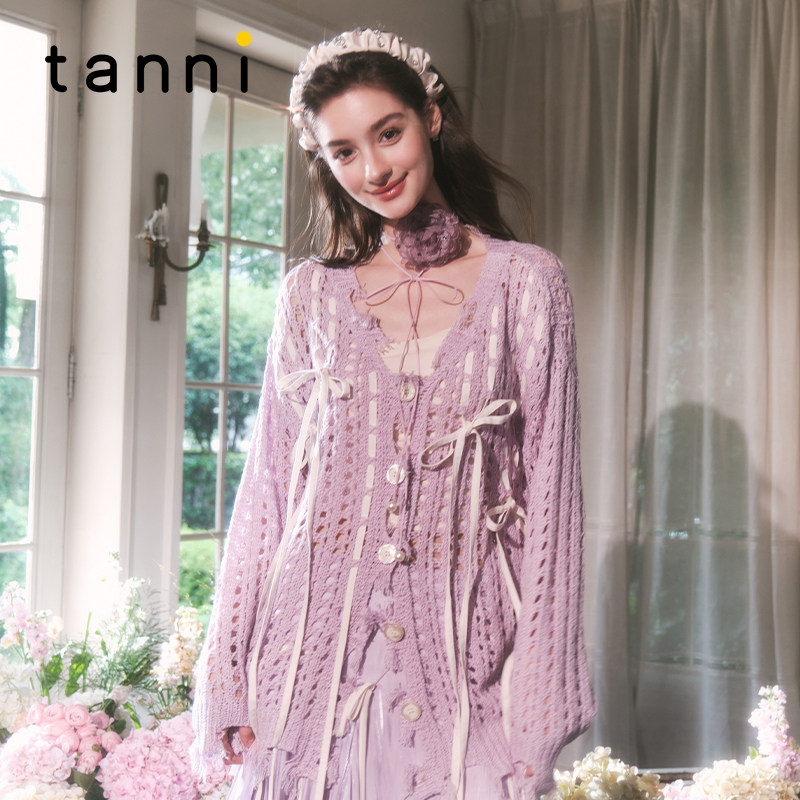 tanni慵懒镂空绑带双色针织开衫