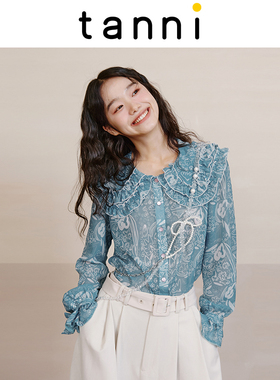 tanni商场同款复古H版印花娃娃领荷叶边修身上衣衬衫女TL31SH015A