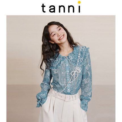 tanni商场同款复古H版印花娃娃领荷叶边修身上衣衬衫女TL31SH015A