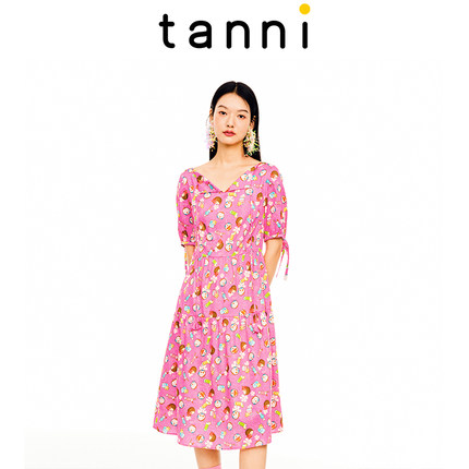 tanni秋季新款纯棉宽松大摆仙女裙中长款短袖连衣裙女TL11DR818A