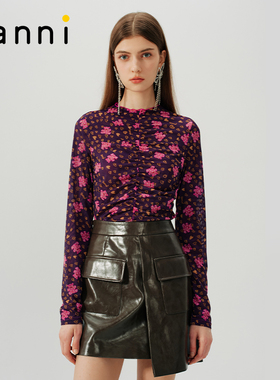 tanni新品轻薄弹力网纱修身满印亲肤叠穿打底上衣TN31BL032B