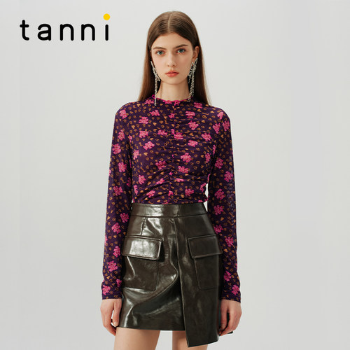 tanni轻薄弹力网纱修身打底上衣