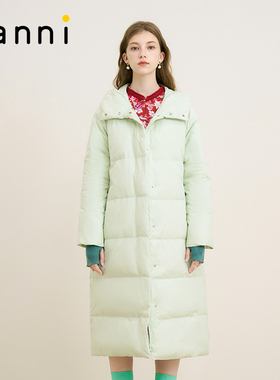 tanni新款清新简约连帽立领系带长款羽绒服TM31DJ013A