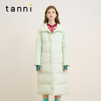 tanni新款清新简约连帽立领系带长款羽绒服TM31DJ013A