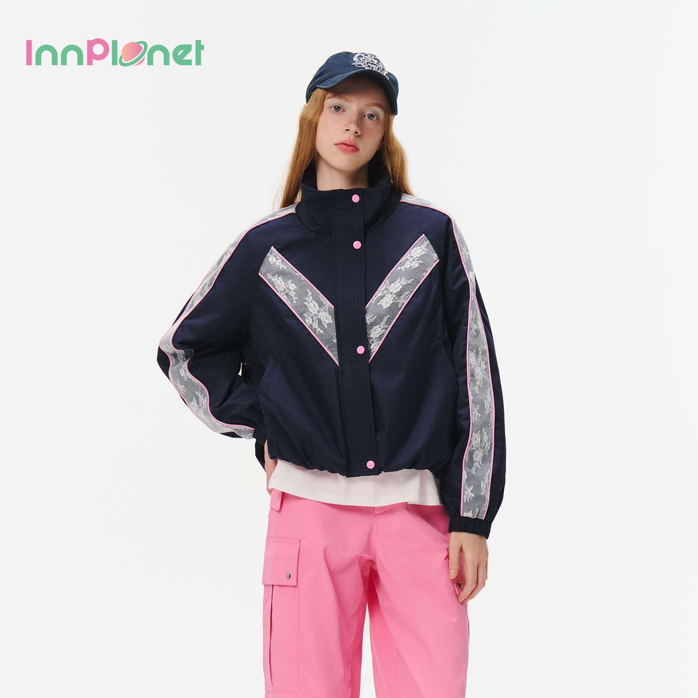 innplanet25秋冬新款甜美撞色蕾丝拼接短款工装棉服PO31CJ041A