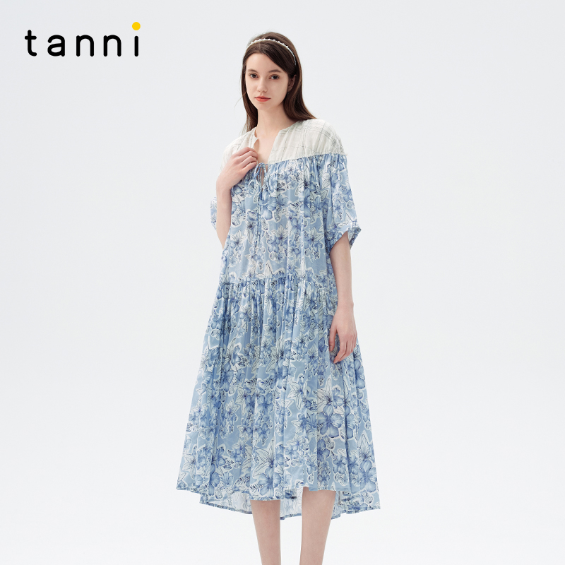 tanni花卉拼接格纹显瘦连衣裙