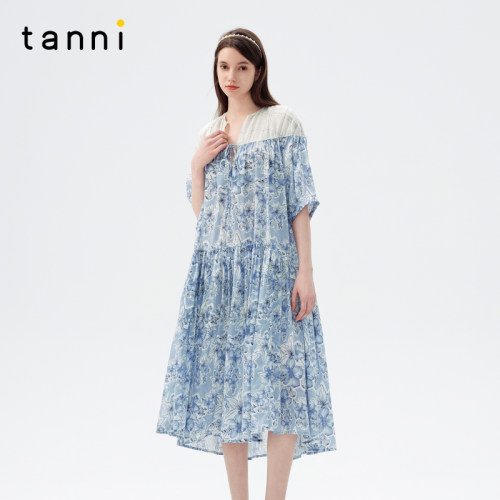 tanni花卉拼接格纹显瘦连衣裙