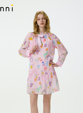 tanni(蝴蝶结为配饰)25秋新款桑蚕丝荷叶边中长连衣裙TO11DR017A