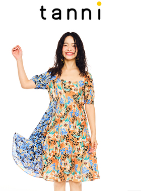 tanni新款度假休闲优雅气质拼色中长款连衣裙TL11DR017A