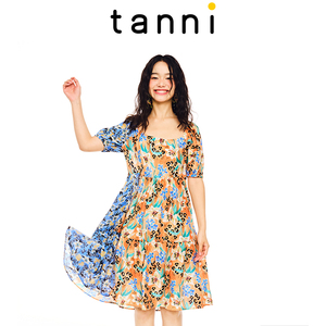 tanni新款度假休闲优雅气质拼色中长款连衣裙TL11DR017A