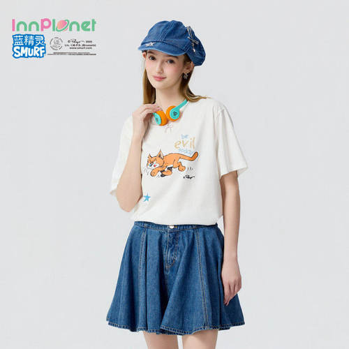 innplanet26夏季新款蓝精灵系列甜美童趣印花阿滋猫闪粉T恤上衣女