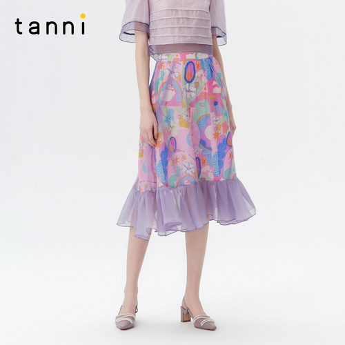 tanni网纱拼接荷叶边A字半身裙