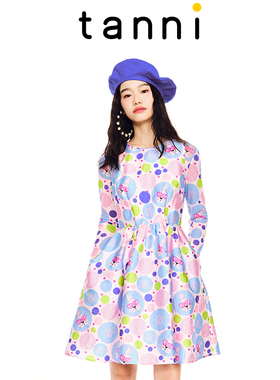 tanni商场同款X版背心印花连衣裙小众设计无袖A字裙女TL11DR060B