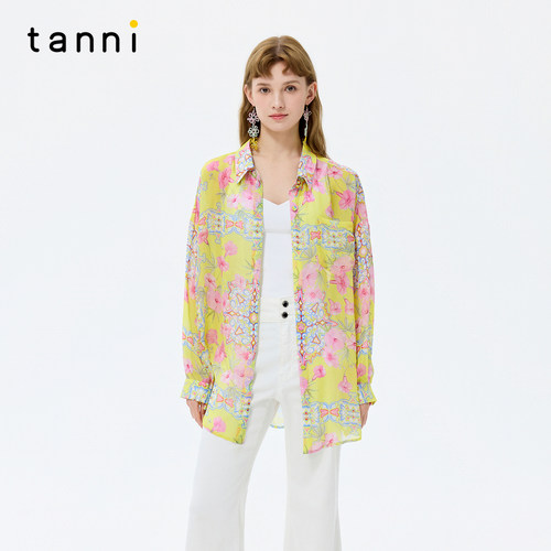 tanni26秋新款繁花意趣风100%桑蚕丝复古南法风情宽松印花衬衫女