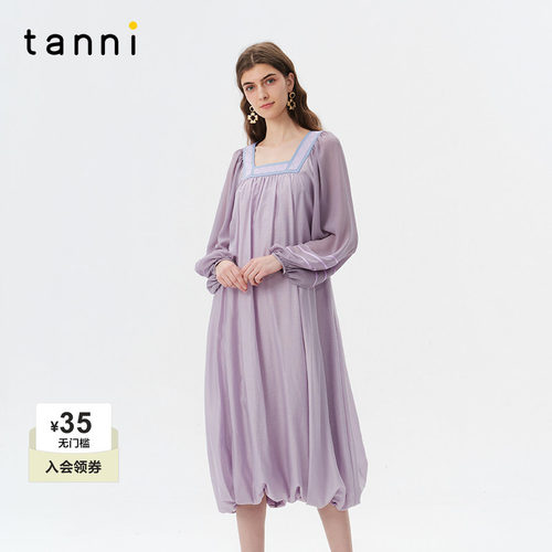 tanni方领花苞宽松显瘦连衣裙