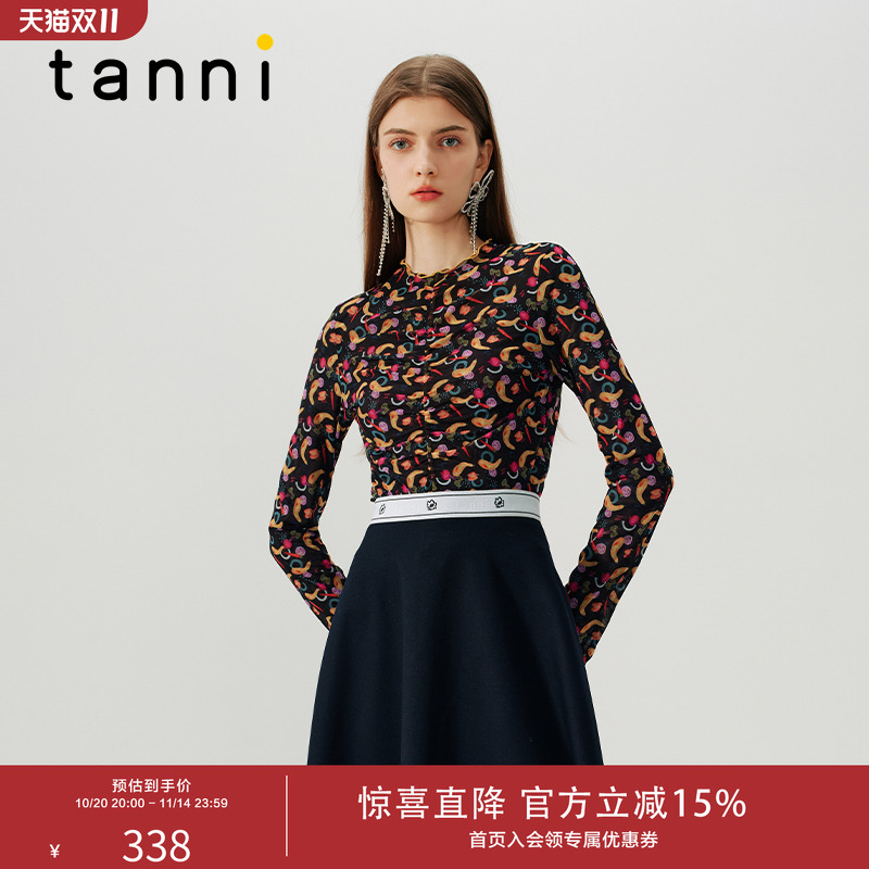 tanni抽褶满印网纱打底上衣