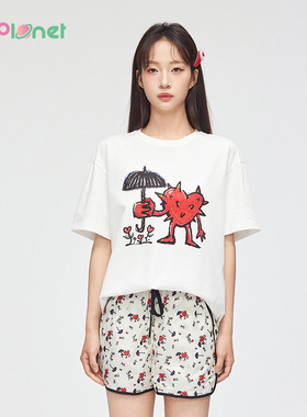 innplanet新款插画师合作宽松休闲百搭爱心印花T恤女PN11TS855A