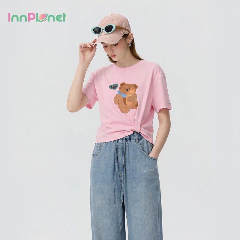 innplanet26夏季新款酷感甜美风小熊粉色捏褶休闲百搭短袖T恤上衣