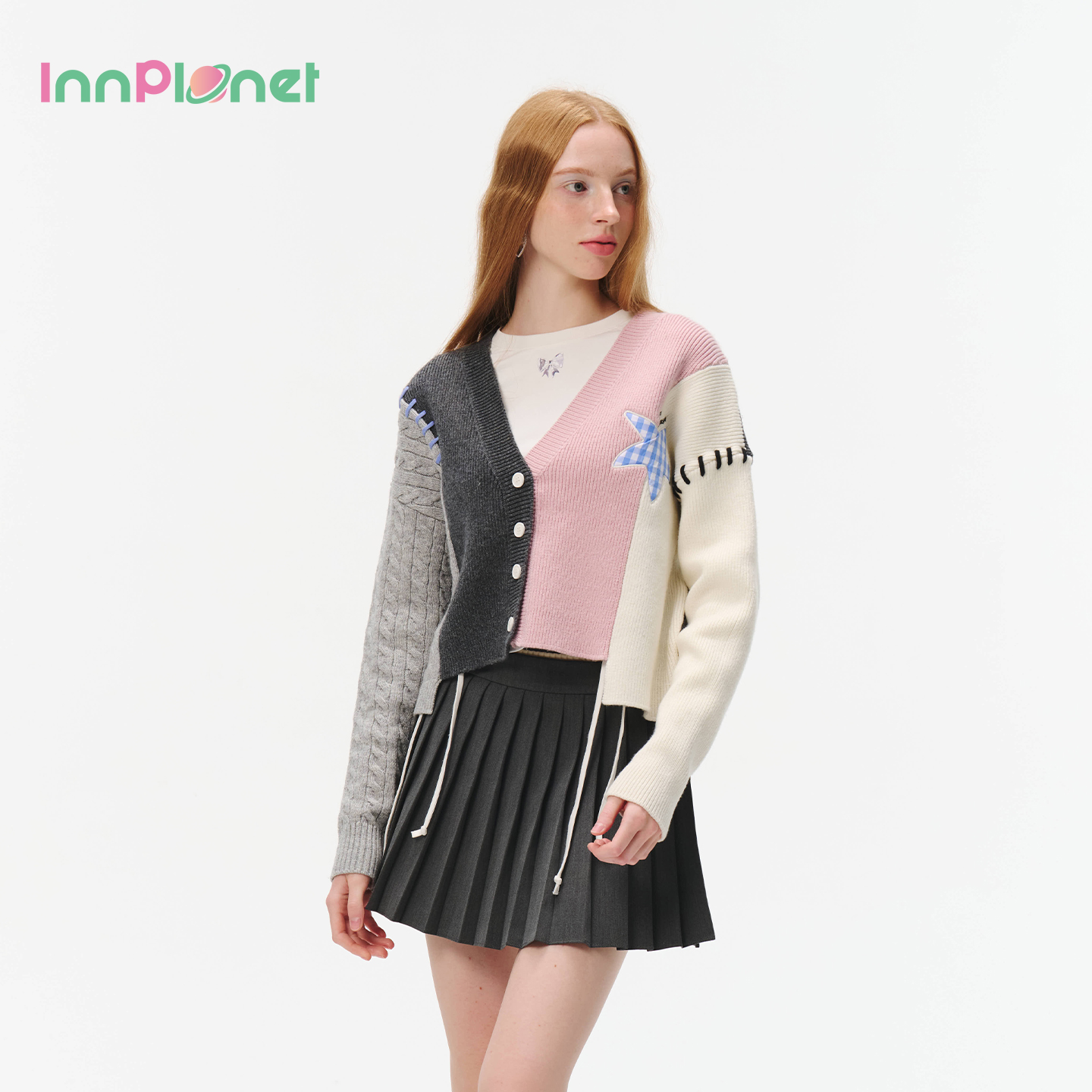 innplanet25秋冬新款温柔亲肤撞色拼接保暖针织开衫PO31KN033A