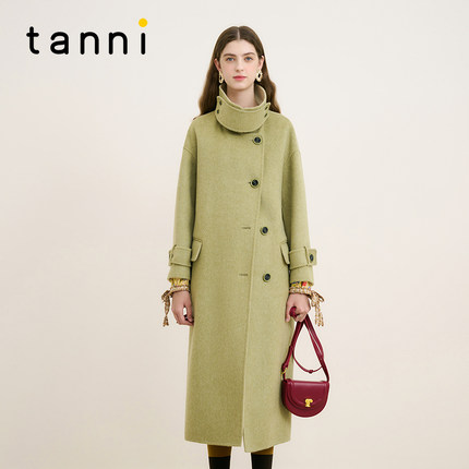 tanni新款双色时尚绵羊毛风衣式长款大衣外套TM31CO003B
