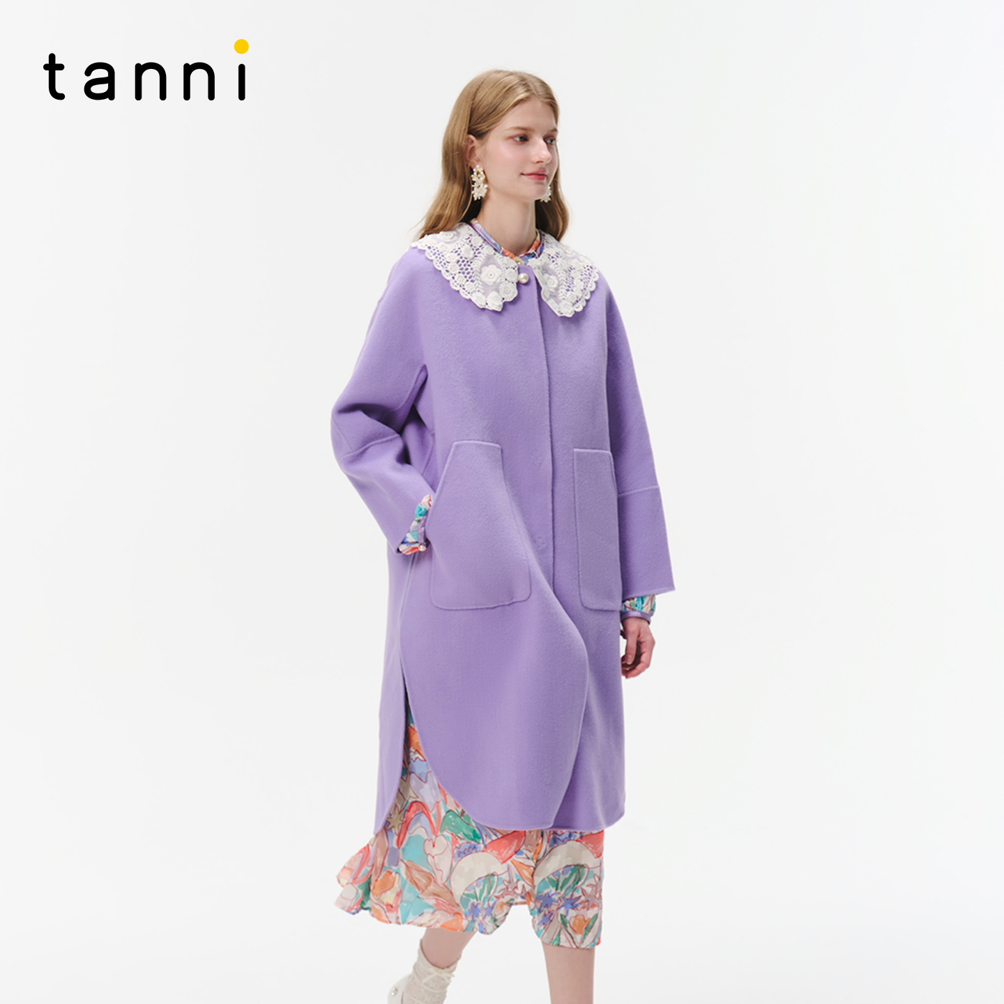 tanni蕾丝娃娃领紫色羊毛大衣