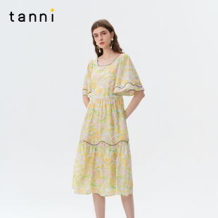 连衣裙TO11DR025A 长款 tanni25秋新款 度假感流光晕染田园风法式