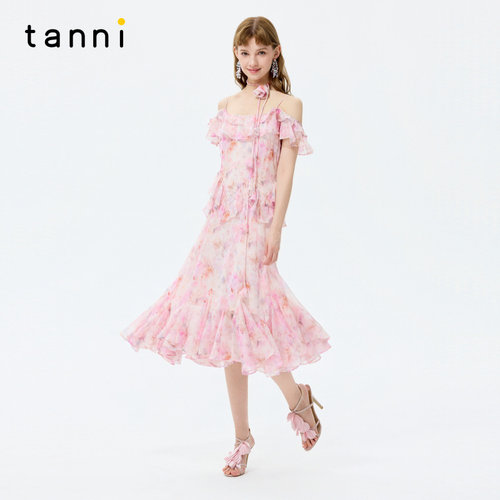 tanni26夏季新款海岛度假风温柔风粉露肩宫廷仙女玫瑰印花连衣裙